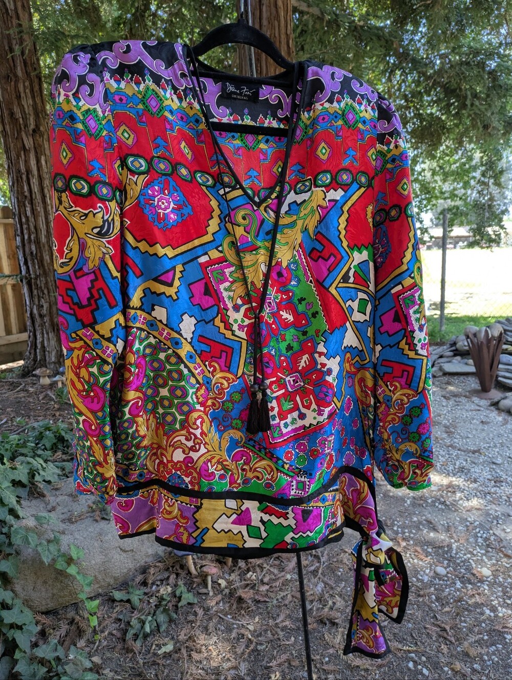 Vintage Diane Freis 80's Colorful  Printed Tunic with Tassel Neck & Skirt